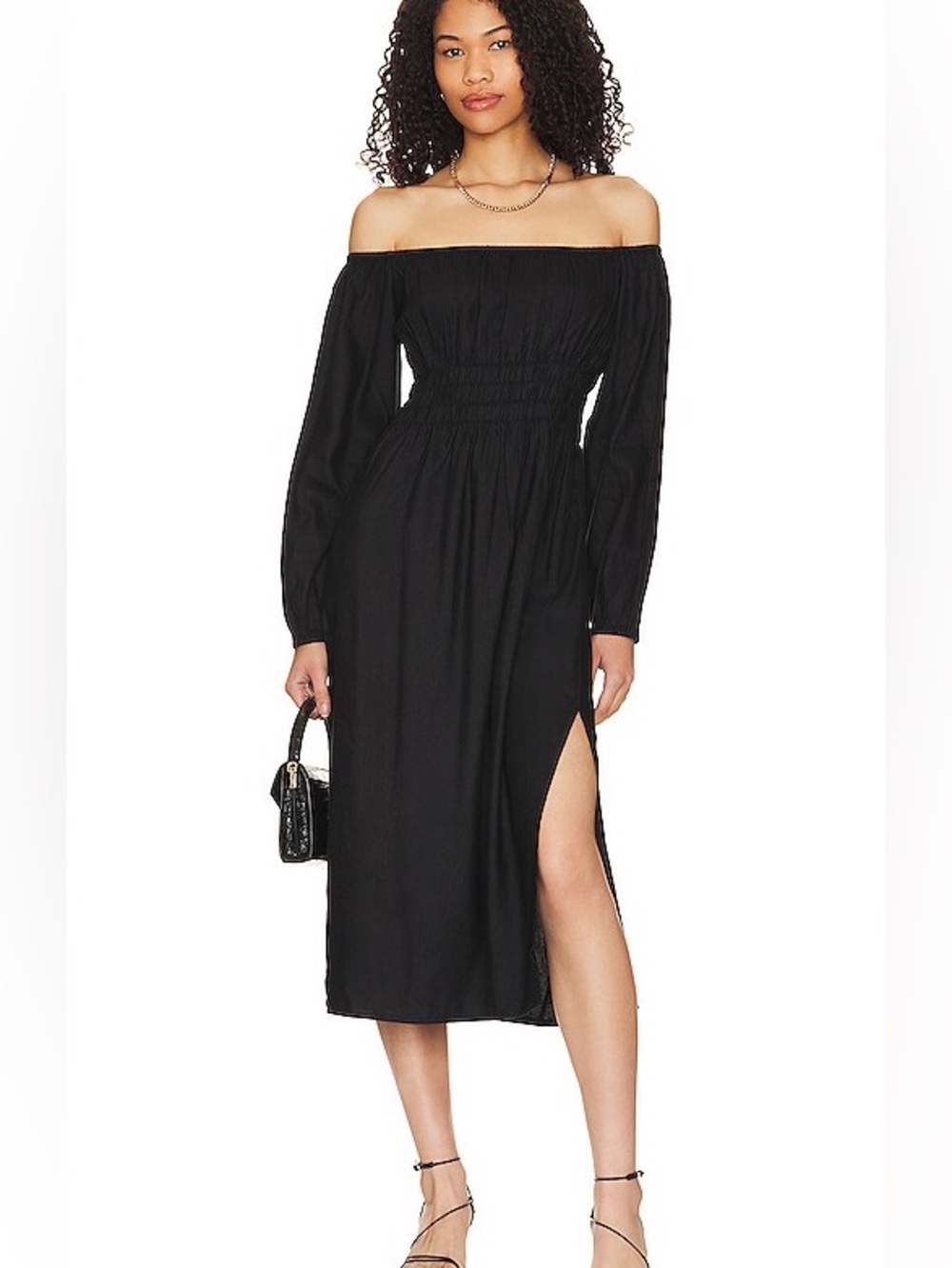 Onia Air Off the Shoulder Linen Blend Midi Dress S Black